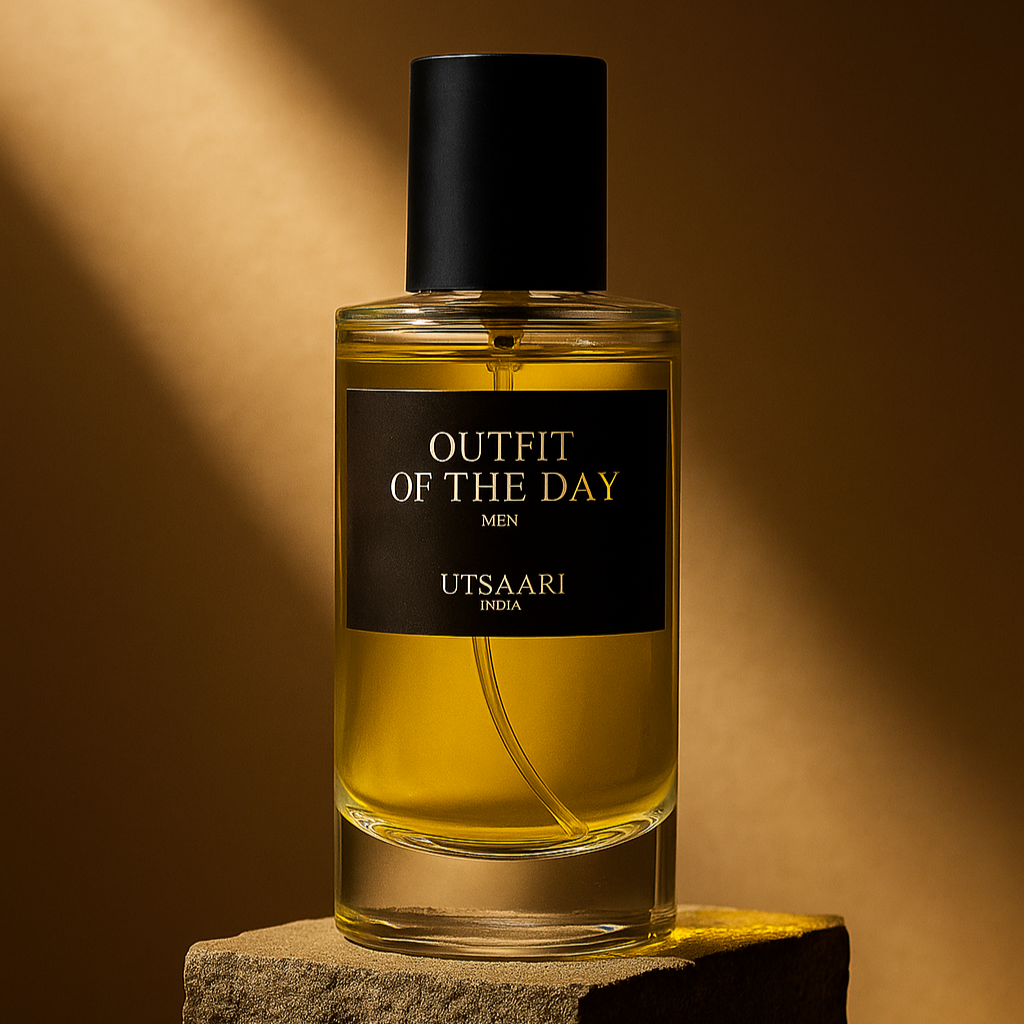 Perfume bottle labeled 'Outfit of the Day' by Utsaari on a stone block with a warm brown background